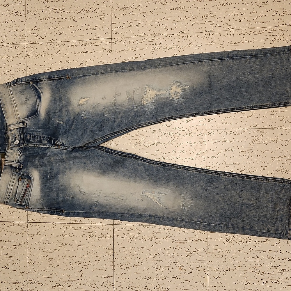 Diesel Industry Straight Leg Blue Wash Distressed Acid Washed Denim Jeans